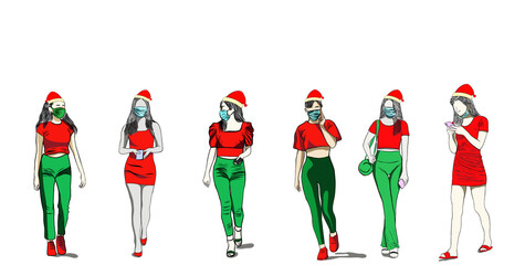 Beautiful young woman wearing costume christmas style and the red hat like a santa claus and wearing surgical mask for protection of Coronaviruses epidemic.Creative with illustration in flat design.