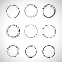 Black circle, pen draw set. Highlight hand drawn circle isolated on background. Handwritten black circle. For marker pen, pencil, logo and text check. Circle vector illustration