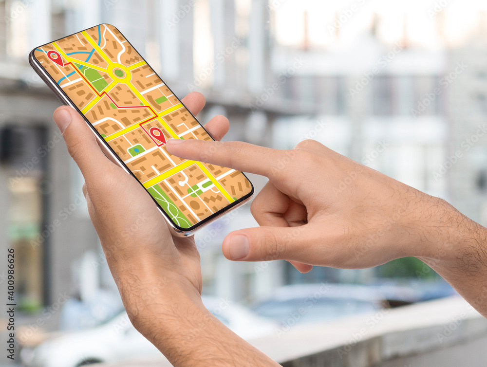 Poster man using smartphone app with gps maps for search location, creative collage