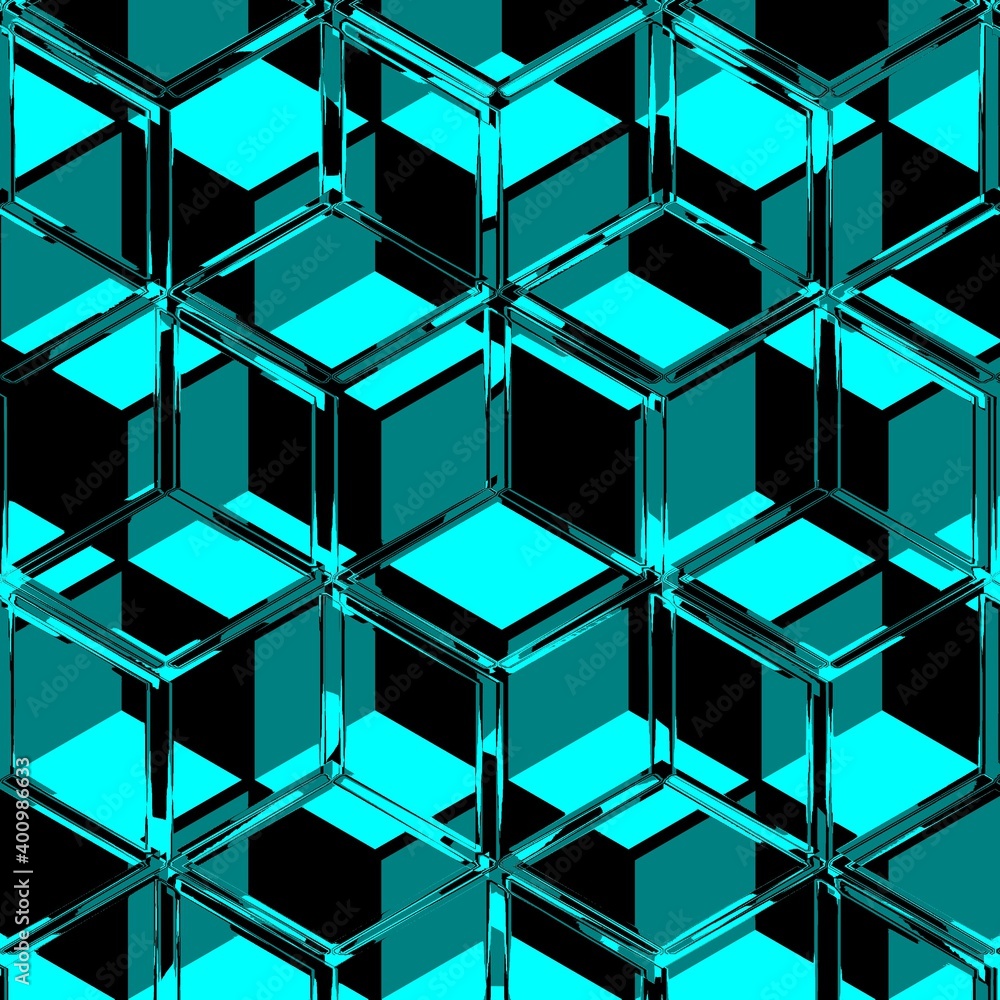 Poster 3d escher style repeating cube pattern in shades of turquoise