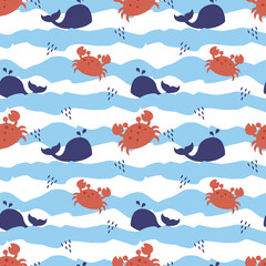 Vector seamless cute pattern for boys with fishes, crab, waves, whale, on white background in Scandinavian style for fabrics, paper