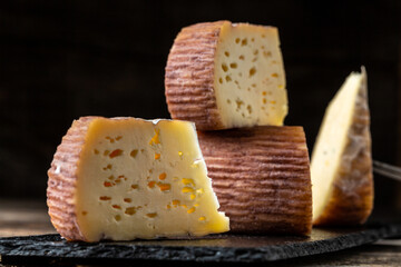 Italian cheese assorted, cheese with mildew for wine, Camembert or brie cheese circle, Cheese Serving Knife. top view image with copy space, set.