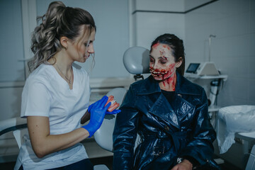 Woman in image of ugly mutant treats her teeth in dental clinic.