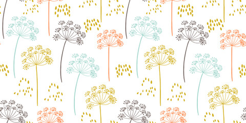 Fototapety  Organiczne kwiatowy bezszwowe streszczenie tło wektor, motyw botaniczny, odręczne gryzmoły wzór. Kwiaty kopru włoskiego w pastelowych kolorach.