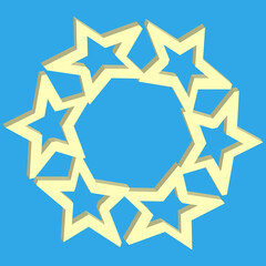 Vector volumetric image of a frame made up of 6 yellow stars. Isolated on a light blue background. Star frame.