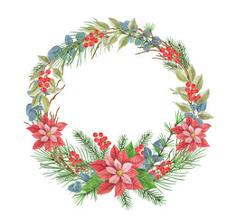 Fototapeta na wymiar Christmas decorative wreath with poinsettia, greenery, spruce, pine tree twig and holly berries. New Year wreath. Round frame ornament. Isolate on white background.
