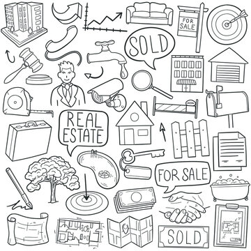 Real State doodle icon set. Sale House Vector illustration collection. Business Hand drawn Line art style.