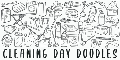 Cleaning Day, doodle icon set. Chores Style Vector illustration collection. Clean Tools Banner Hand drawn Line art style.