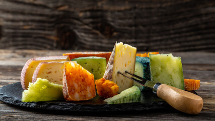 variety of hand crafted cheese Serving Knife. catering, banner, menu, recipe, place for text