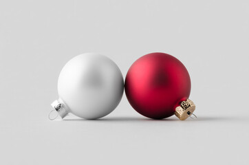 White and red matte Christmas balls mockup on a seamless grey background.