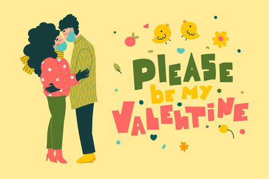 Lovers in mask valentine day. Please be my valentine letterig in abstract style. Cute flat vector illustration. Holiday concept.