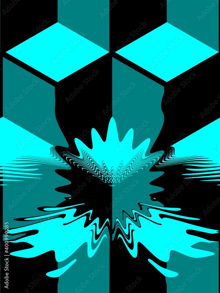 Poster 3d escher style repeating cube pattern in shades of turquoise
