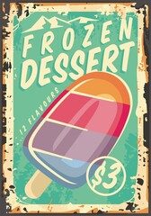 Frozen dessert promotional advertising billboard design layout. Vector vintage style ice cream poster. Sweets and candies promo sign.