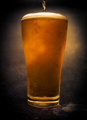 Pour beer into a glass on dark background.Light beer in a glass,draft.Fresh light beer.Close-up.