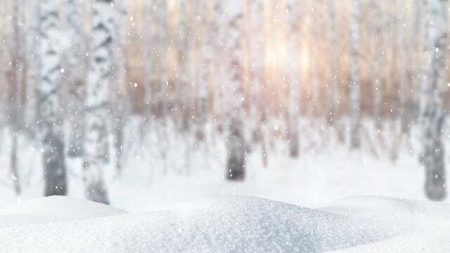 Falling fresh snow on a blurred background of a frosty forest. Snowdrifts and snowfall in winter with sunset sunlight. Animated 4K panoramic video, 3D rendering.