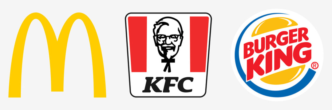 McDonalds, KFC, Burger King. Cafe icon. McDonalds logo. KFC symbol. Burger King vector icon. Editorial illustration. Rivne, Ukraine - December 22, 2020.