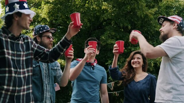 Friends making a toast at a July 4th picnic