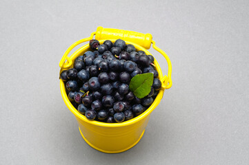 yellow bucket of ripe blueberry with green leaf on white background close-up.