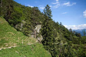 Fototapeta na wymiar Mountain hiking at Herzogstand mountain, Bavarian Alps