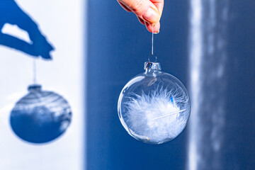 Snow globe with Christmas tree and feather.  Merry Christmas and Happy New Year 2021!