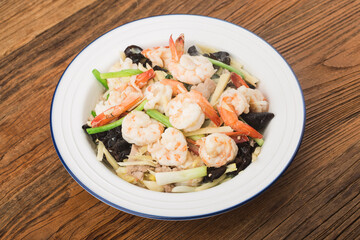 Chinese cuisine: Fried shrimp with bamboo shoots and fungus,
