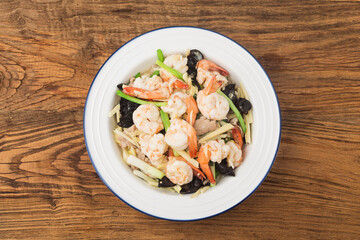 Chinese cuisine: Fried shrimp with bamboo shoots and fungus,