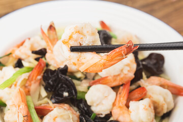 Chinese cuisine: Fried shrimp with bamboo shoots and fungus,