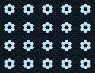 Seamless vector pattern with blue mosaic flowers. Black honeycomb mosaic.  Flowers pattern.   