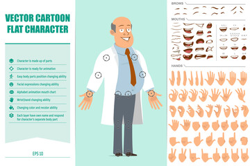 Cartoon flat funny fat bald doctor man character in white uniform with tie. Ready for animations. Face expressions, eyes, brows, mouth and hands easy to edit. Isolated on green background. Vector set.