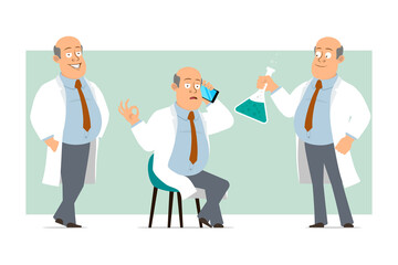 Cartoon flat funny fat bald doctor man character in white uniform with tie. Boy talking on phone and holding chemical flask. Ready for animation. Isolated on green background. Vector set.