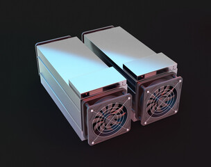Cryptocurrency mining farm. Bitcoin and altcoins mining. Asic miner. 3D rendering

