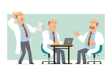 Cartoon flat funny fat bald doctor man character in white uniform with tie. Boy reading note and working on laptop. Ready for animation. Isolated on green background. Vector set.
