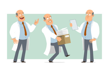 Cartoon flat funny fat bald doctor man character in white uniform with tie. Boy carrying paper box and reading note. Ready for animation. Isolated on green background. Vector set.