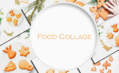 Collage of gingerbread cookies on the table. The tradition of baking gingerbread cookies for New Year and Christmas.