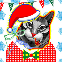 A low-poly cat in a Santa hat. New year, bright Christmas design. Pop art. Modern art collage.Surrealism. Props for a photo session vector illustration