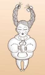 Cute girl with braids wearing warm hoodie holding a mug of hot beverage: coffee, tea or cocoa. Hand drawn vector illustration