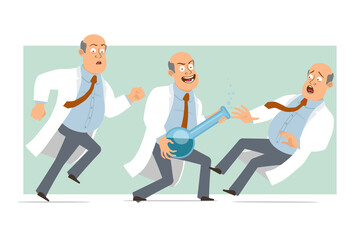 Cartoon flat funny fat bald doctor man character in white uniform with tie. Boy falling and holding chemical flask with liquid. Ready for animation. Isolated on green background. Vector set.