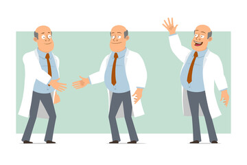Fototapeta premium Cartoon flat funny fat bald doctor man character in white uniform with tie. Boy shaking hands and showing welcome gesture. Ready for animation. Isolated on green background. Vector set.
