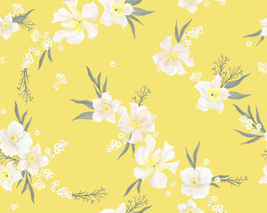 Watercolor painting seamless botanical pattern with flowers and leaves with trendy colours of the Year 2021. Ultimate gray and yellow illuminating - 400995866