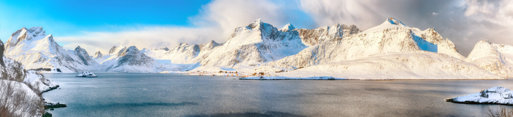 Fototapeta na wymiar Fabulous winter view on Selfjordenn during sunny day and Krystad Village