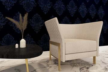 3d render of close up of an old-fashion solution to interior decor. Furniture is elegant, with contrast in colors, sophisticated and vintage. Gold details are perfect match with blue and marble color.