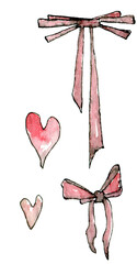 Elegant muted color watercolor illustrations with ink "Valentine's day", hearts and bows drawn by hand isolated on a white background. 