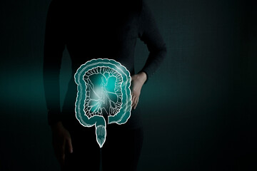 Highlighted intestine organ low key illustration. Woman body on dark green background. Immune...