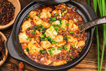 Chinese cuisine: tofu and mince with hot spicy sauce