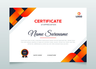 Creative Modern certificate template design vector with  gradient color suitable for appreciation, diploma or award. Creative certificate of appreciation award template with blue shapes and badge