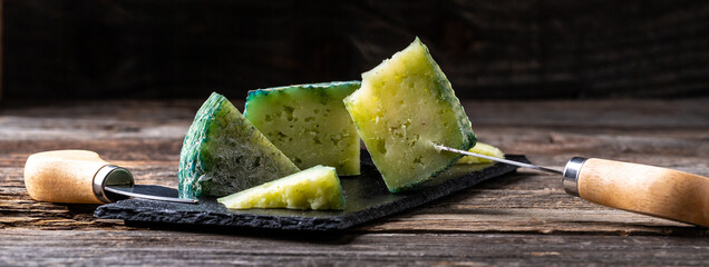 Green pesto cheese close up. Pesto Rosso. catering, banner, menu, recipe, place for text