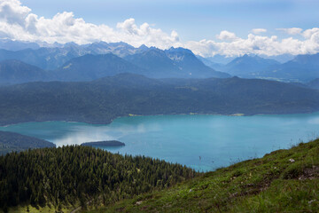 Fototapeta na wymiar Panorama mountain view from Jochberg to lake Walchensee