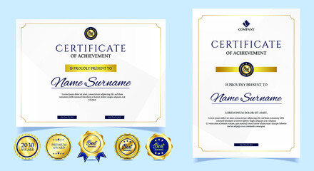 Fototapeta premium Certificate of appreciation template, gold and blue color. Clean modern certificate with gold badge. Certificate border template with luxury and modern line pattern. Diploma vector template