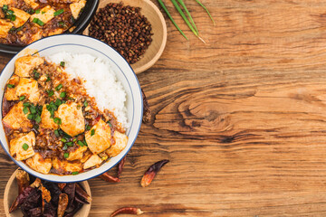 Chinese cuisine: tofu and spicy minced rice