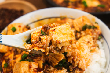 Chinese cuisine: tofu and spicy minced rice